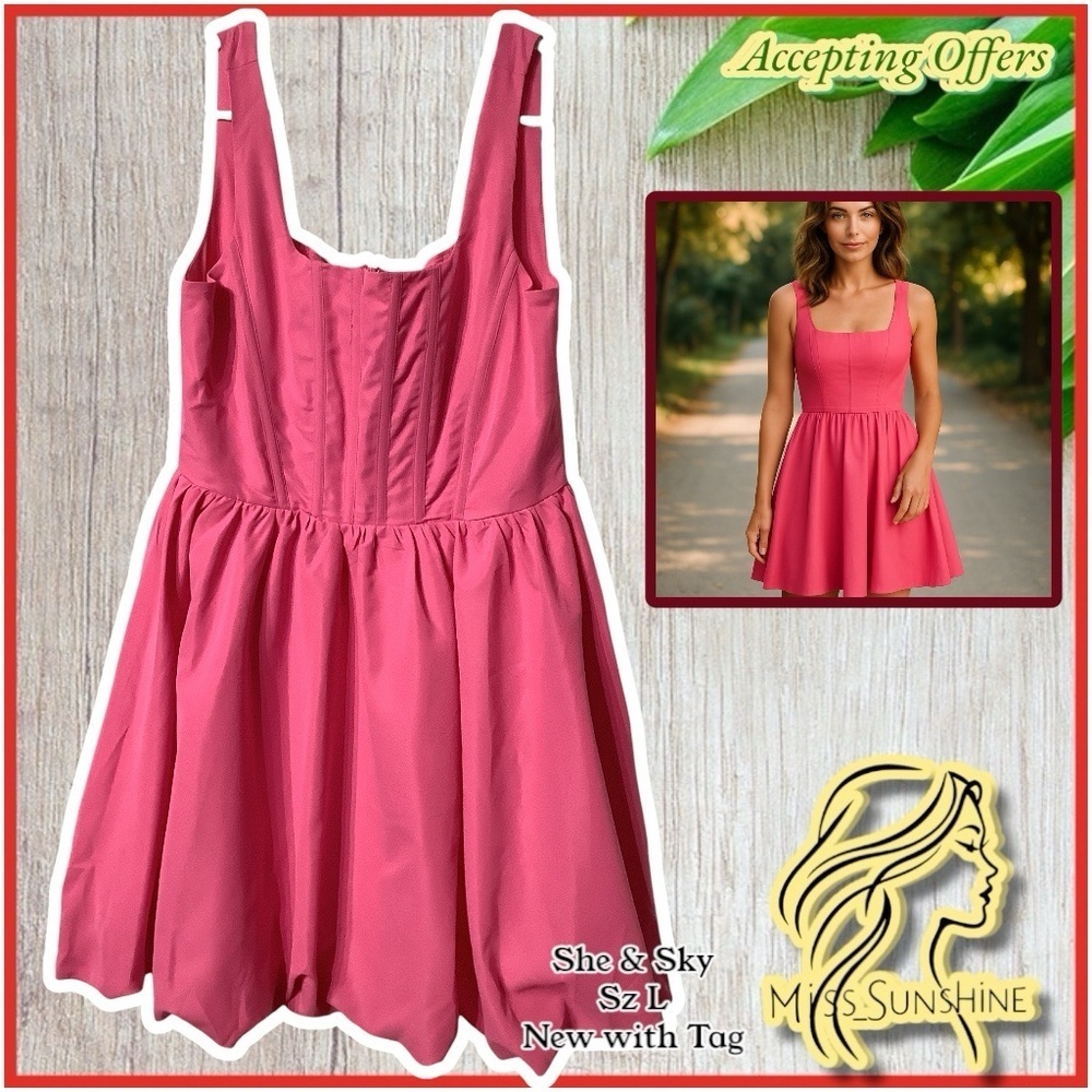 She + Sky NEW - Sz L - Fuchsia Pink Sleeveless corset top Dress - balloon hem